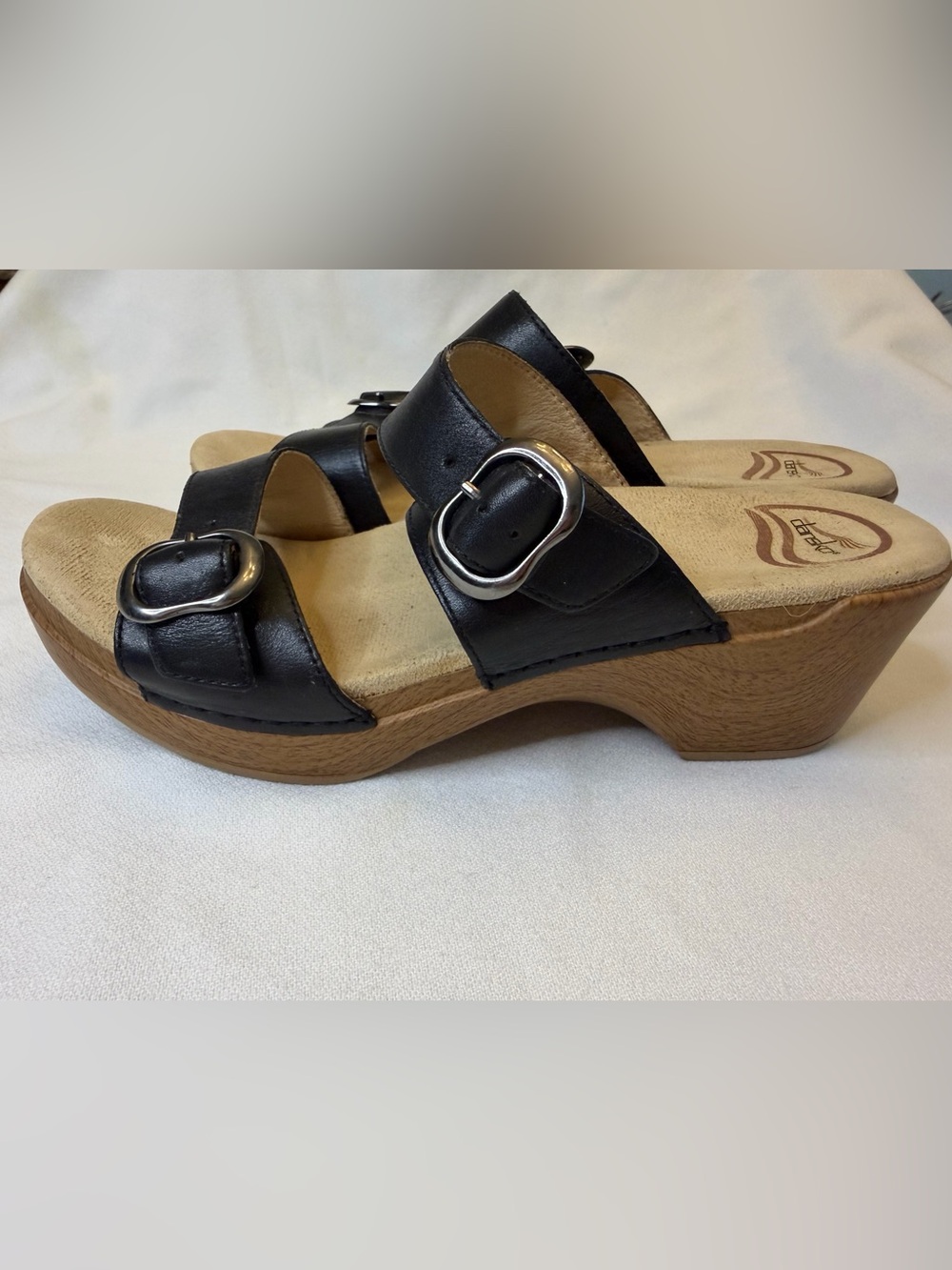 Dansko Sophie Black Leather Double Buckle Rocker Wedge Sandals Sz 39/US 8.5-9